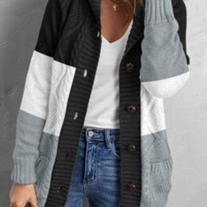 Mixed Print Button Front Hooded Cardigan